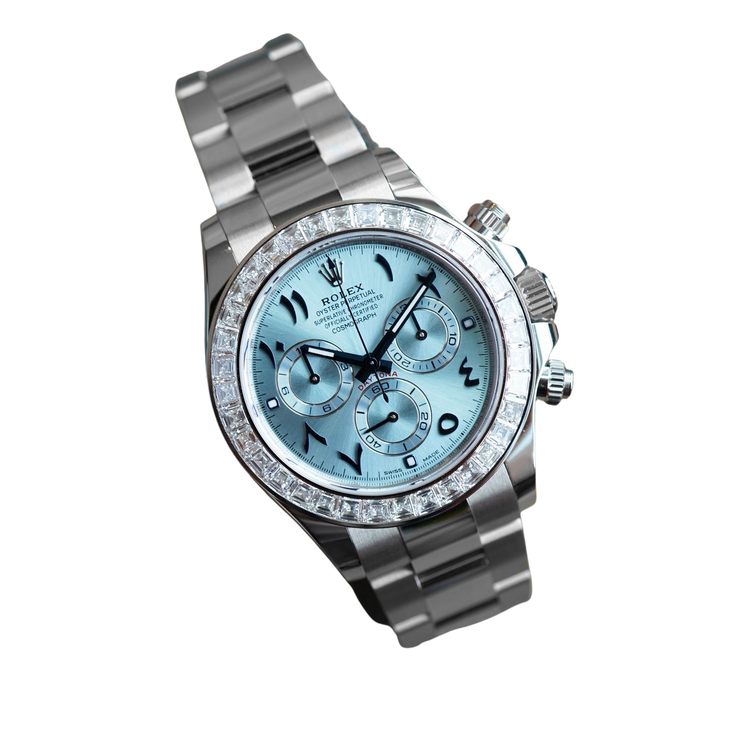 Daytona 40mm Baguette Diamond Bezel IceBlue Arabic Dial 116576TBR-0005