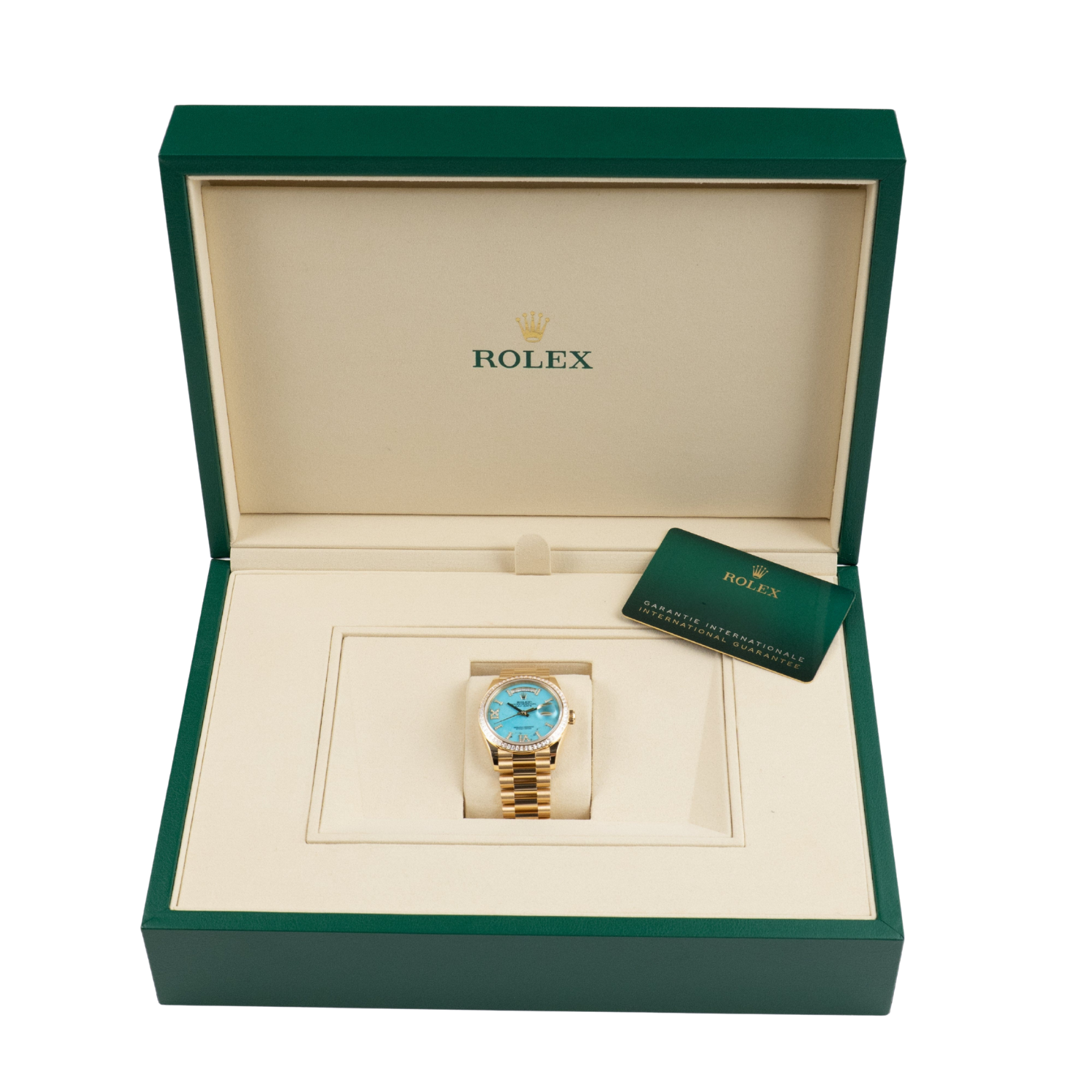 Day-Date 36mm Yellow Gold Turquoise Stone Diamond Roman Numerals Dial Diamond Bezel 128398TBR