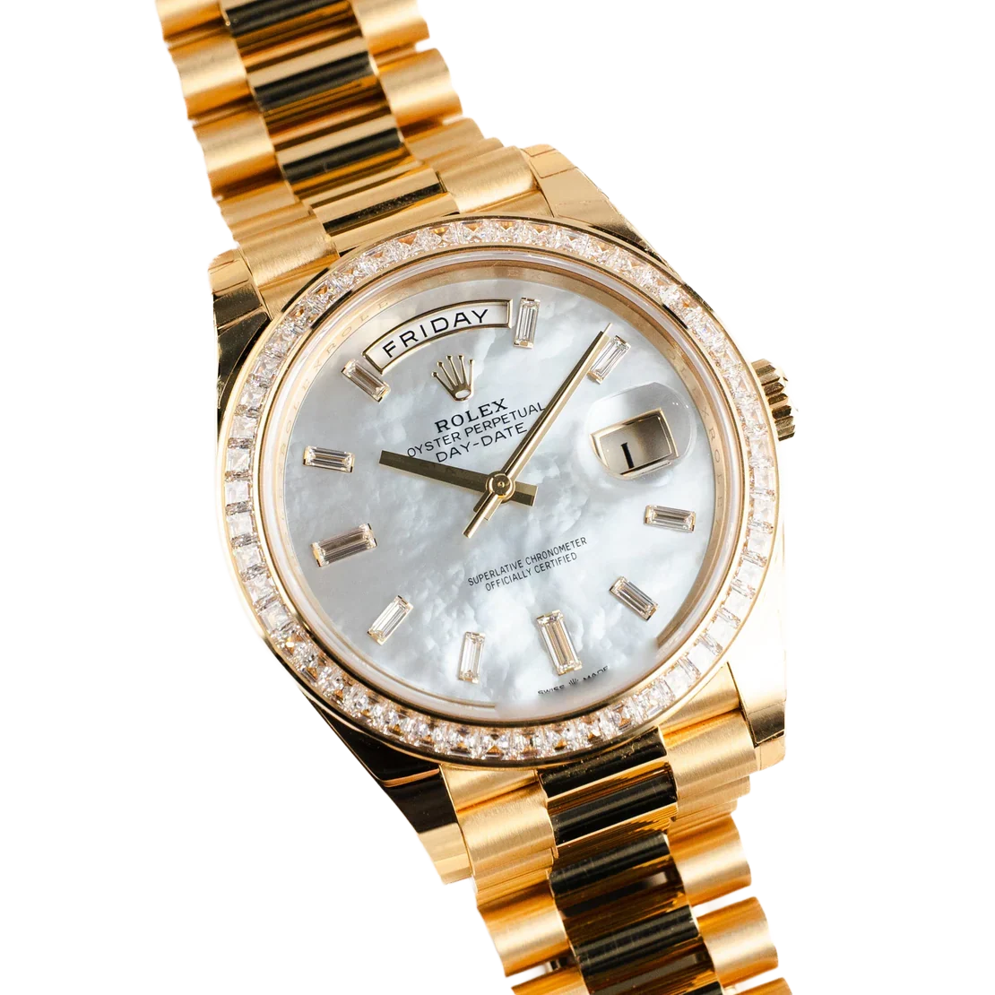Day-Date 40 228398TBR Yellow Gold Mother of Pearl Diamond Baguette Dial and Bezel