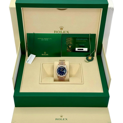 Day-Date 36mm 128345RBR Rose Gold Diamond Bezel Blue-Green Baguette Marker Dial
